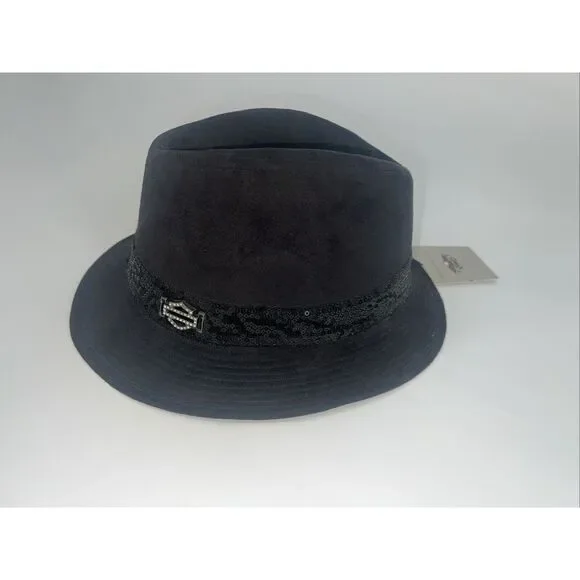 Harley Davidson Black Fedora W/ Sequin Size S 2012 Suede Look‎ NWT